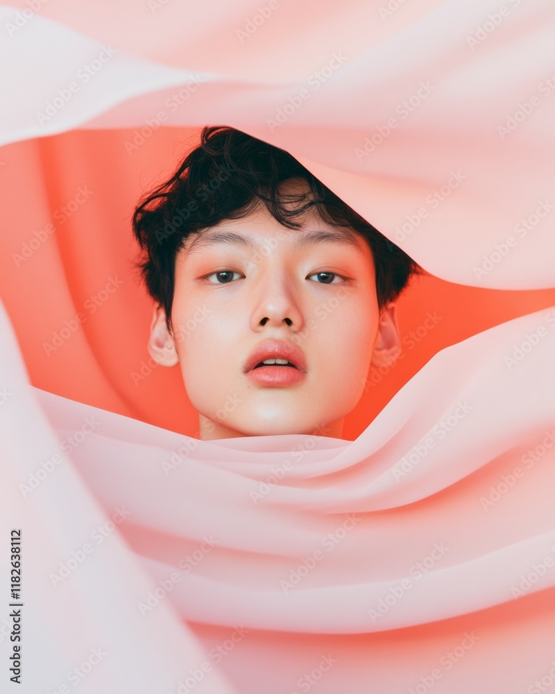 Poster dreamy portrait of non-binary east asian individual with fluid textures