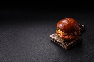 Delicious burger with beef patty, fried egg, bacon, herbs, sauce, salt and spices