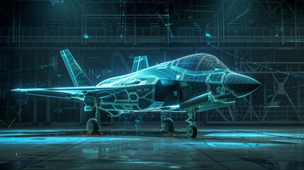 Futuristic digital wireframe of advanced fighter jet in hangar