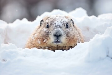 Obraz premium Groundhog emerging from its burrow in a snowy landscape, marking the arrival of winter and colder temperatures