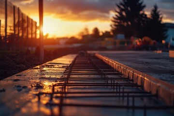 A construction site at sunset with orange and yellow hues