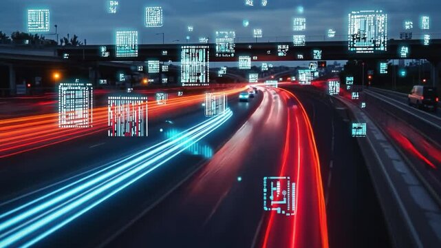Autonomous self driving cars moving on highway with digital overlay