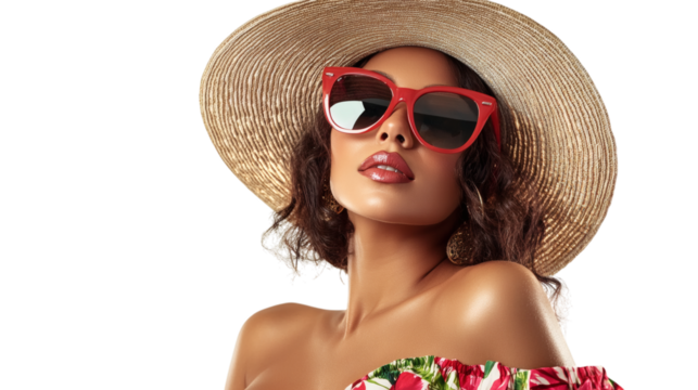 Beautiful woman in a summer dress and beach hat with sunglasses posing confidently isolated on white background