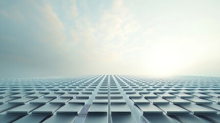 Futuristic glass building facade reflecting sky and clouds