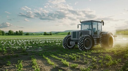 Fototapeta premium Modern tractor on farmland with green fields under sunny sky