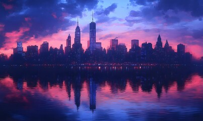 Obraz premium The majestic city skyline mirrored in a body of water, with the colors of dusk