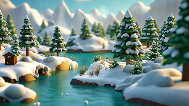 Colorful Cartoon Christmas Tree Decoration in Winter Wonderland Landscape