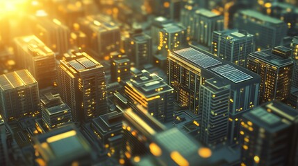 Futuristic cityscape with solar-powered buildings at sunset
