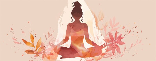 Silhouette of a woman meditating in lotus pose surrounded by abstract floral elements, yoga day