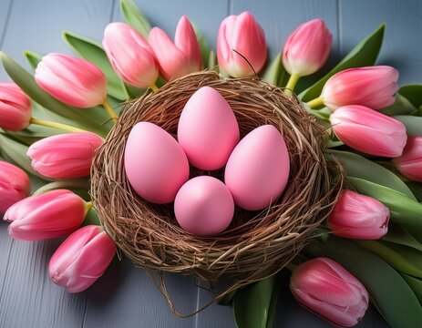 pink easter eggs in a nest with tulips surrounding colorful pink eggs are arranged in a nest surrounded by vibrant tulips creating a festive easter atmosphere