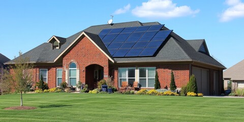 Modern brick house with solar panels and well-kept lawn under blue sky