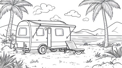 Tropical beach campervan relaxation illustration
