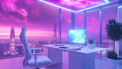 A futuristic office with a white desk, chair, and large window overlooking the city