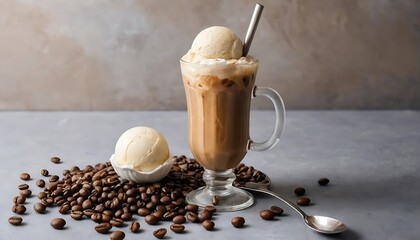 A glass of iced coffee topped with a scoop of vanilla ice cream and coffee beans scattered on the side, presenting a perfect summer beverage.