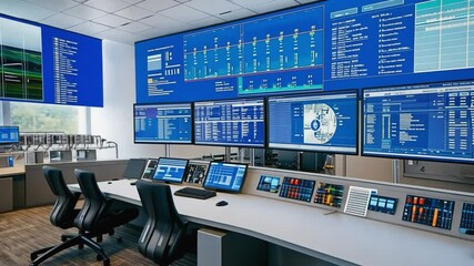 Network operations center showing changing data on multiple screens