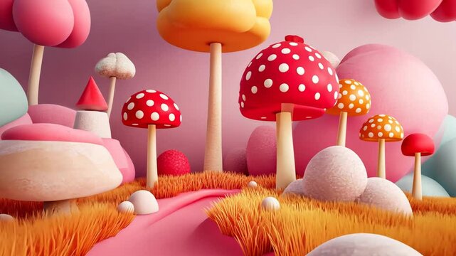 Playful Cartoon Illustration of Red Poisonous Amanita Mushrooms in a Colorful Autumn Forest Landscape