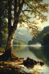 Fototapeta premium Serene lake scene, autumn leaves, tranquil forest.