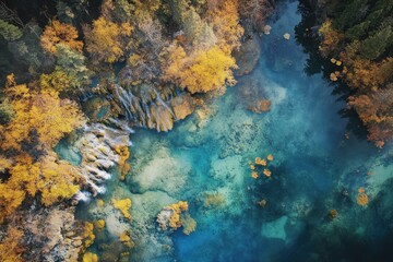 Majestic autumn landscape featuring vibrant colors reflecting on tranquil water with cascading falls