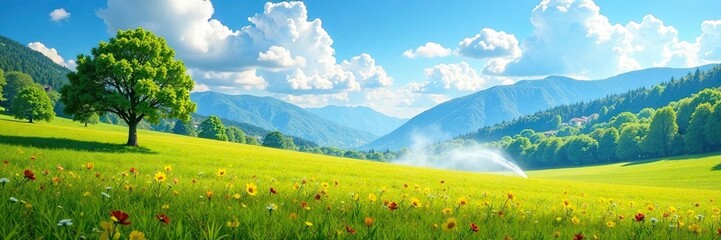 Crops and trees under sprinkler spray in mountains, blue sky, landscape, tree
