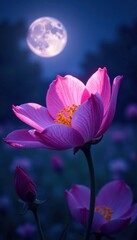 Delicate pink and purple petals unfold in the moonlight, flowers, purple