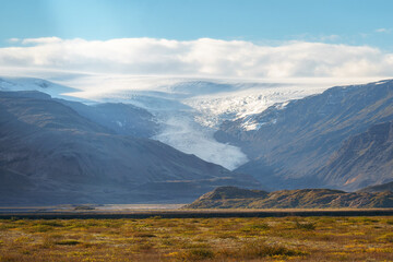 A scenic view of the Skálafellsjökull glacier, an outlet of the Vatnajökull ice cap, surrounded...