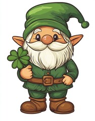 Cheerful cartoon gnome holding four-leaf clover with green outfit