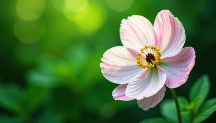 Fototapeta premium Delicate white pink anemone flowers with intricate details on a lush green background, green, anemone