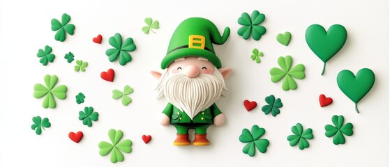 Fototapeta premium Cheerful cartoon leprechaun surrounded by shamrocks and hearts