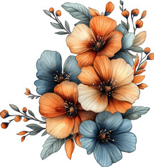 Watercolor Painting of Orange and Blue Flowers