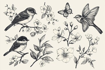 A set of vector illustrations on the theme of birds and flowers, in a vintage style