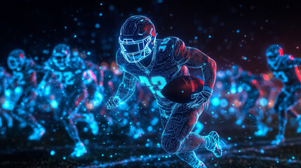 American football. American football made up of particles. Glowing dots create the shape of a football player.