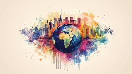 Obraz premium Abstract, colorful planet Earth with a big city skyline in the background, illustration design vector