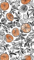 Stunning Orange Slice Pattern with Delicate Botanicals. A Fresh and Vibrant Fruit Design for Home Decor or Apparel.