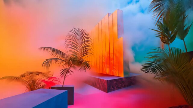Outdoor garden space filled with colorful smoke and tropical plants. Creative event and vibrant decor concept. High quality 4k footage