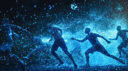 Naklejka premium Football of blue glowing dots. Football players are fighting for the ball