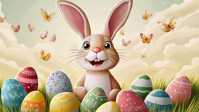 Happy easter bunny hiding decorated eggs in green grass