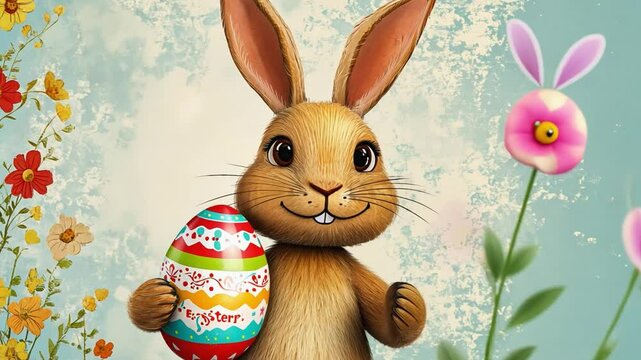 Animated easter bunny holding decorated egg