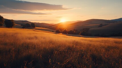 Golden sunset over rolling hills and grassy field.