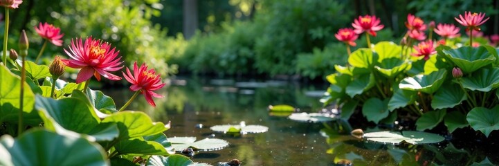 Kniphofia foliage and flowers in a garden pond, ornamental, blooming