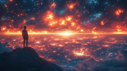 Obraz premium A figure stands on a rocky outcrop, gazing at a vibrant cosmic landscape filled with stars.
