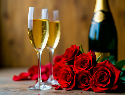 Two glasses of champagne and a bottle of champagne next to a bouquet of red roses