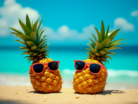 Two pineapples wearing sunglasses on the beach with the ocean in the background
