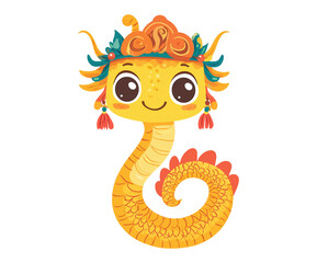 Fototapeta premium Cute cartoon baby snake illustration with chinese dragon head hat - isolated PNG on transparent background