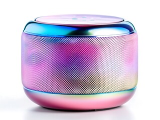 Iridescent portable Bluetooth speaker isolated on white background.