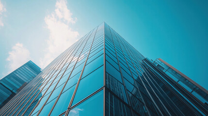 Sleek Modern High-Rise Buildings with Reflective Glass Surfaces Against a Clear Blue Sky and Bustling City Streets