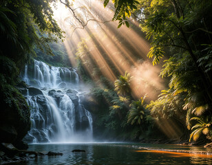 Fototapeta premium Sunlight streams through trees, illuminating a waterfall