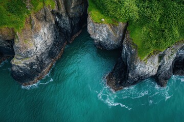 Serenity of turquoise waters flowing around rugged cliffs in a coastal paradise during golden hour