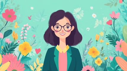 Smiling cartoon female amid colorful flowers and butterflies