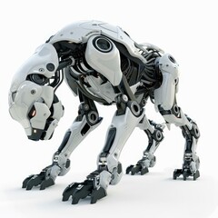 White futuristic robot dog standing on all fours on a white background