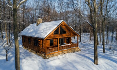 loan cabin at winter areal view.